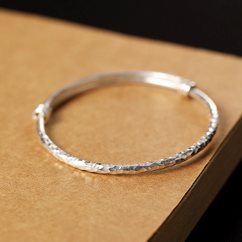 925 Sterling Silver Personality Plain Hammer Corrugated Solid Bracelet Simple Pit Push-pull Handmade Ladies | Украшения и