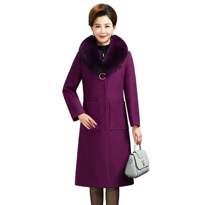 

Winter Women Woolen Coat Fur Collar Long Wool Coat Turn Down Collar Wool Blends Female Jacket Casaco Feminino Plus Size 5XL