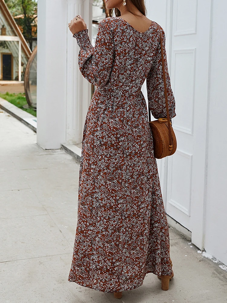 Весна Осень Behomian платье Новое цветочное женское платье с принтом милое длинное фонарь рукав v-образный вырез Макси длинное платье с разрезом M0610
