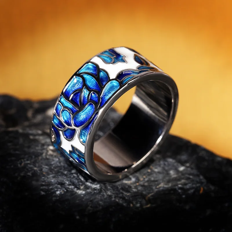 

CHARLINLIOL Genuine 925 Sterling Silver Blue Enamel Rings for Women Ladies Elegant Retro Finger Ring Party Bohemia Fine Jewelry