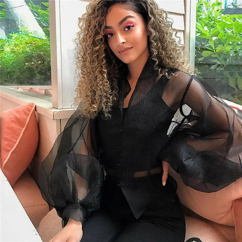 

Women See-through Sheer Mesh Causal Blouse Puff Sleeve Shirt 2019 New Ladies Casual Sexy Office Work Transparent Top Shirt S-L