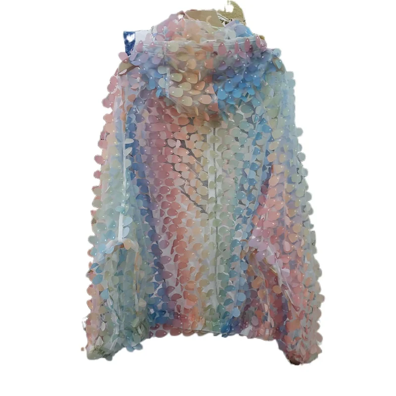 

Summer Coat for Woman Street Sun Protection Clothing Long Sleeve Thin Colorful Petal Patch Hooded Loose Jacket Female Top