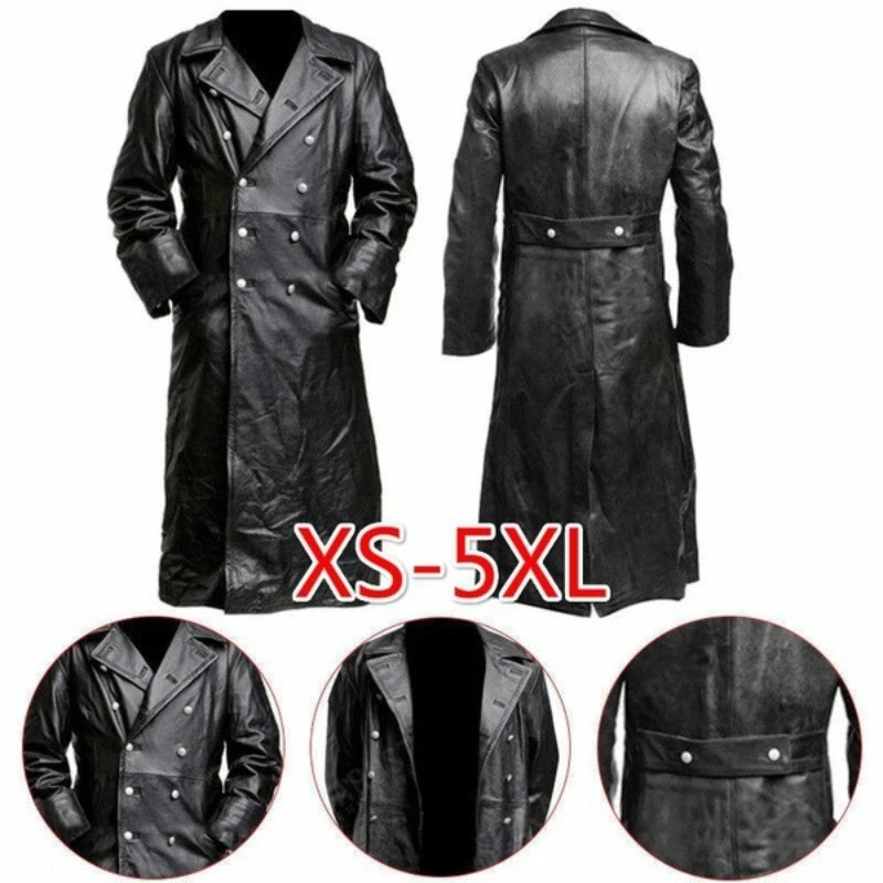 معطف رجالي كلاسيكي من الجلد الأسود بتصميم عسكري WW2