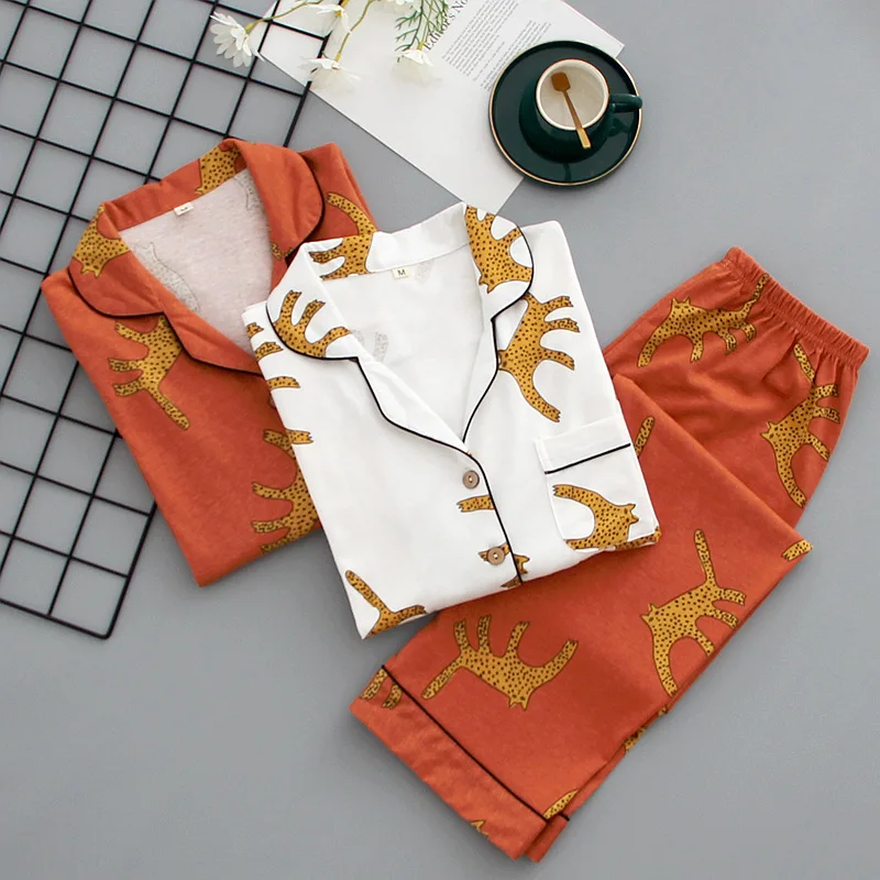 

Japanese style ladies 100% cotton suit leopard print long-sleeved trousers pajamas suit spring autumn winter home service women