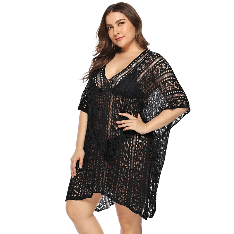 

2021 Summer Sexy Women's Fashion Solid Color V-neck Hook Flower Hollow Split Bat Sleeve Plus Size Blouse Dress