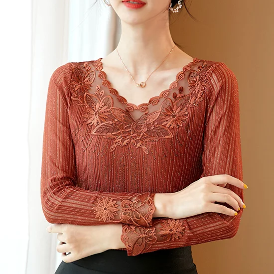 Orange Long sleeve Женская блузка, модная рубашка с длинным рукавом, Осенние Топы, элегантные тонкие вышитые кружевные рубашки размера плюс, Женские топы и блузы - Цвет: Orange Long sleeve