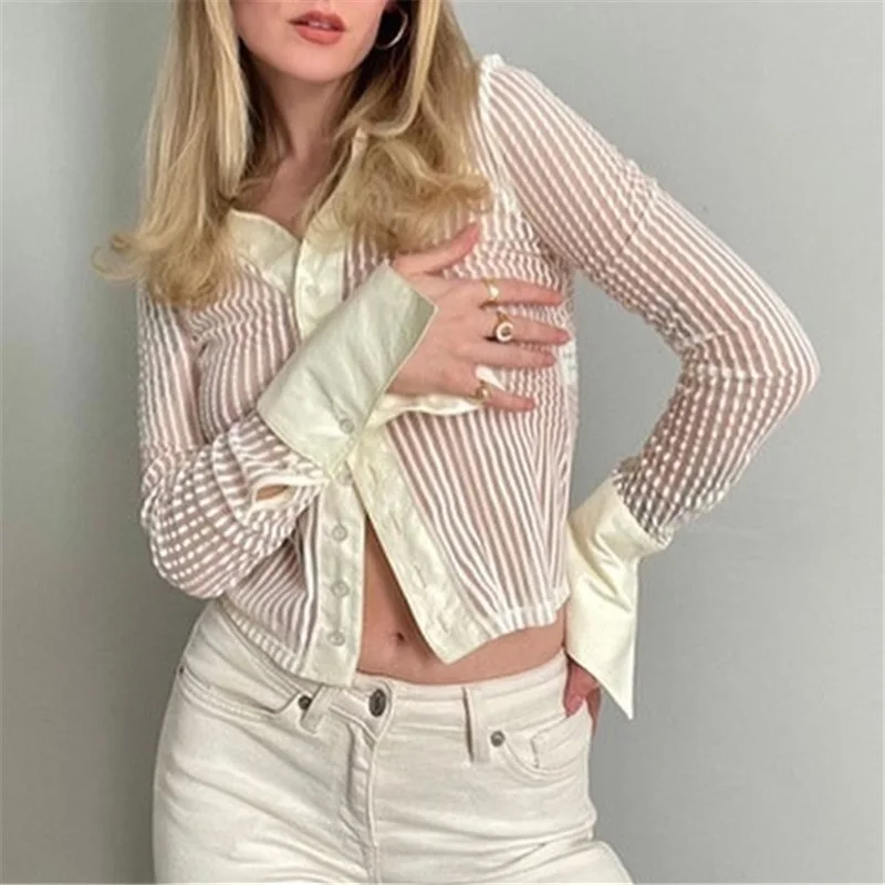 

Женская винтажная блузка в полоску, с длинным рукавом, составного кроя