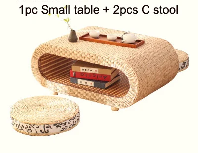 S table 2pcs C stool 1 шт стол+ 2 шт табурет пасторальный стиль овальной формы соломенный Плетеный чайный столик японский антикварный журнальный столик маленький чайный столик - Цвет: S table 2pcs C stool