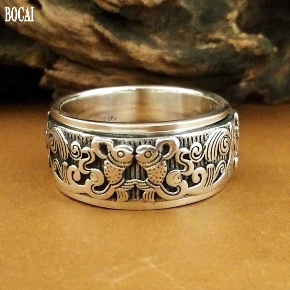 BOCAI New 100% solid S925 pure Silver Man Ring Pisces Peach Rotating Good Luck Ring, Fashion Women's Ring