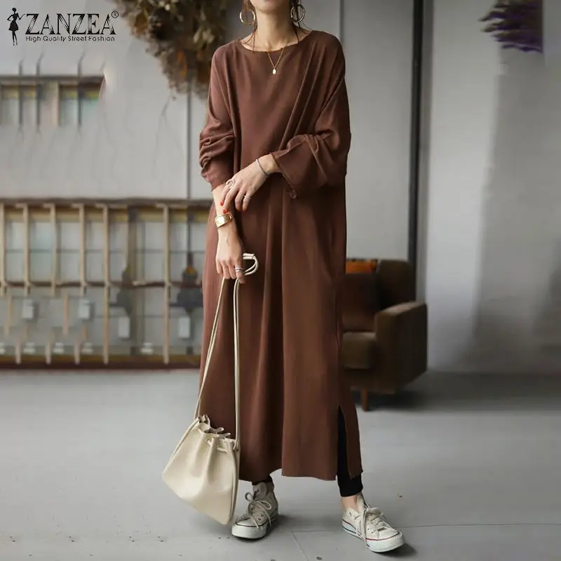 

Vintage Sundress Women's Long Sleeve Cotton Linen Dress ZANZEA Casual Solid Split Hem Maxi Vestido Robe Femme Autumn Dresses 5XL
