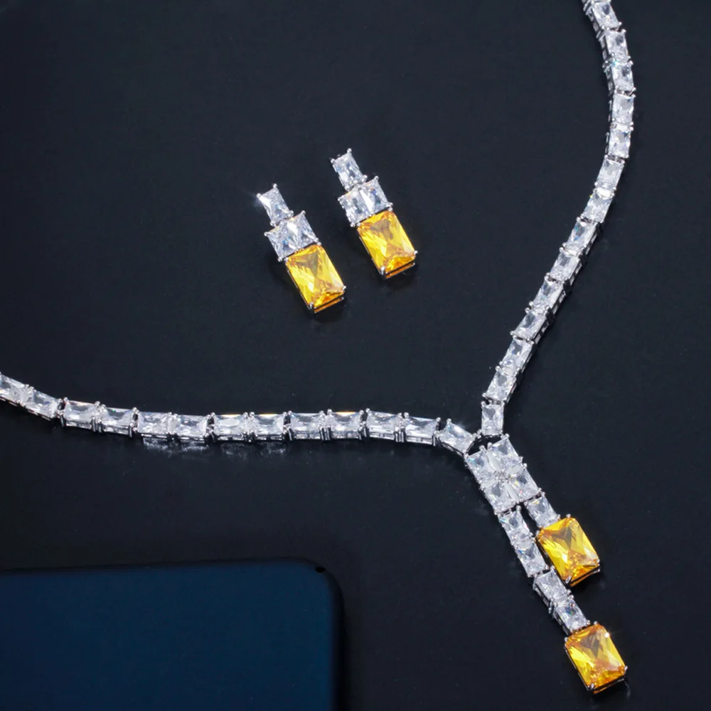 ThreeGraces Классическая квадратная желтая CZ Длинная цепочка чокер серьги свадебные