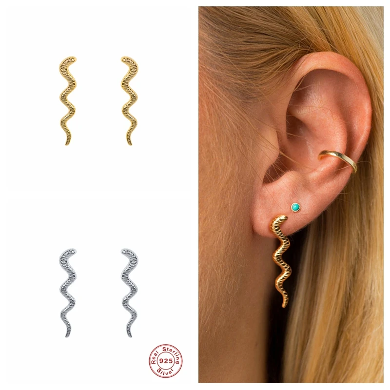 

GS 925 Sterling Silver Gold Long Line Vivid Snake Stud Earring Cute Animal Ear Stud Piercing Ohrringe Pendiente Fine Jewelry