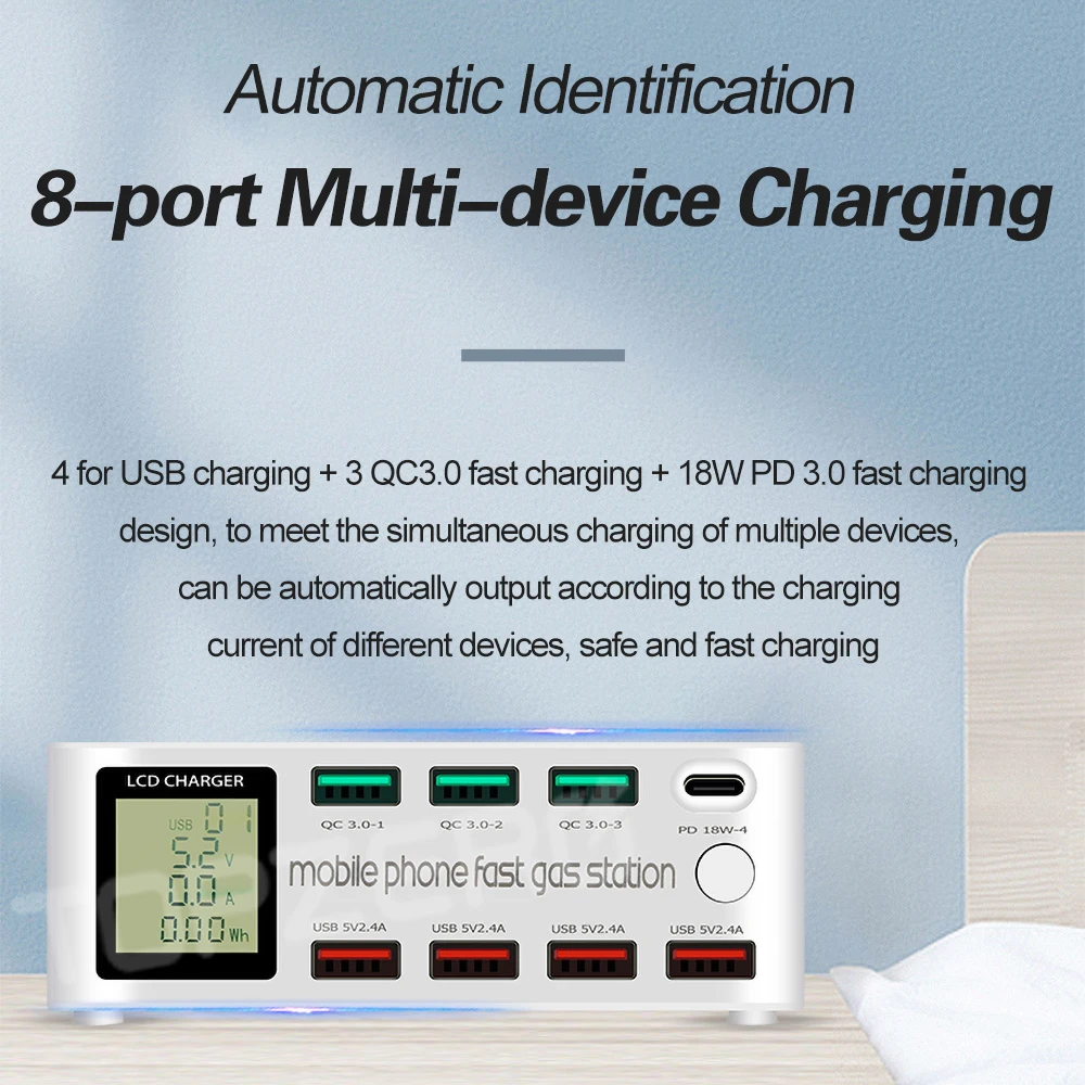 8 port smart usb charger 100w quick charge 3 0 pd 3 0 fast charge adapter lcd multi usb charger station for iphone x xs samsung free global shipping