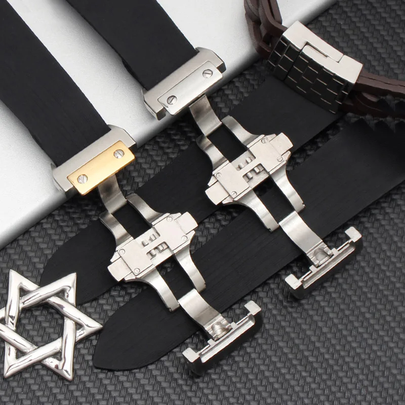 25mm Rubber Waterproof Watchband Fits for Cartier Santos 100 W2020007 Silicone Strap Silver Gold Folding Buckle Black Bracelet