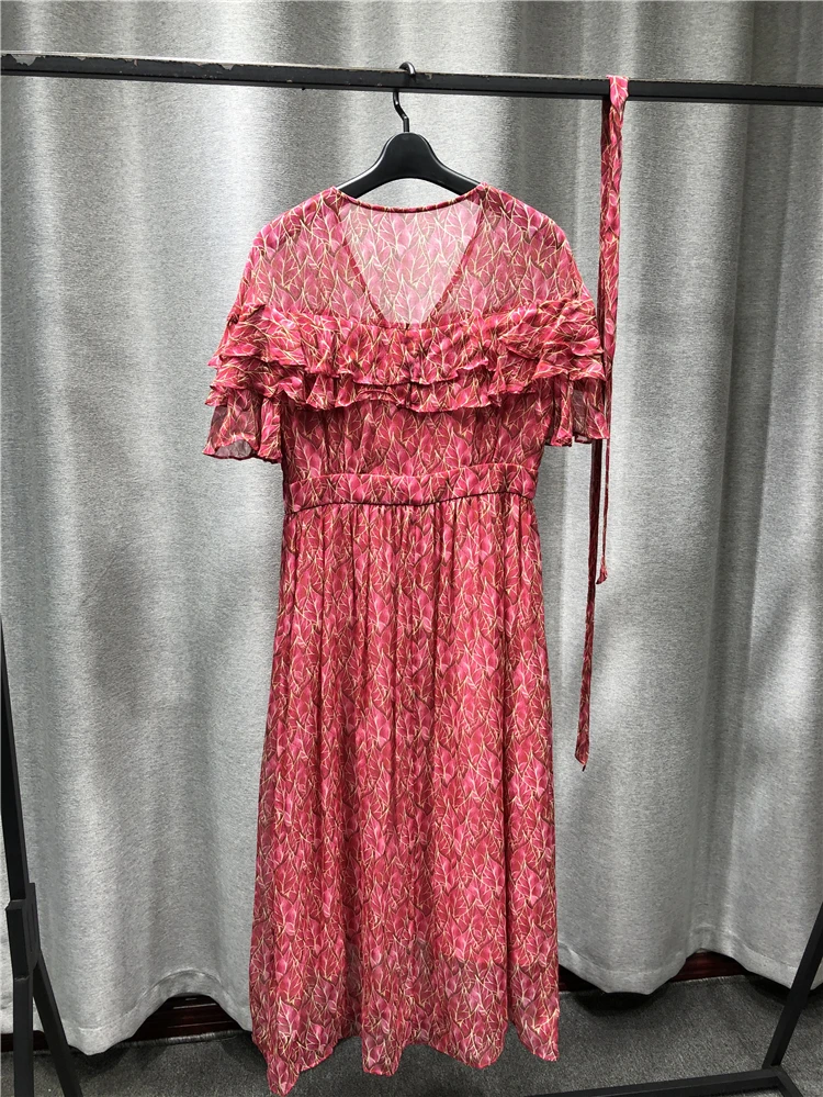 

Women Dresses 2021 New Summer Products Fashionable Pure Silk V-Neck Sleeveless Medium Length Pullover Skirt Ruffles On Chest