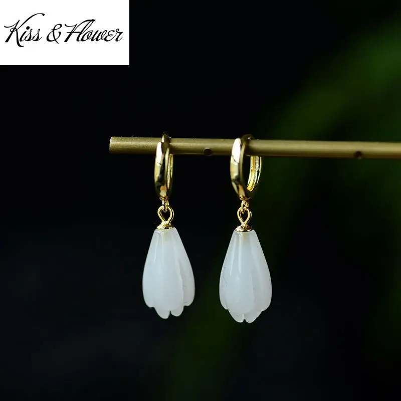 

KISS&FLOWER ER111 Fine Jewelry Wholesale Fashion Woman Girl Bride Birthday Wedding Gift Orchid Jade 24KT Gold Drop Earrings
