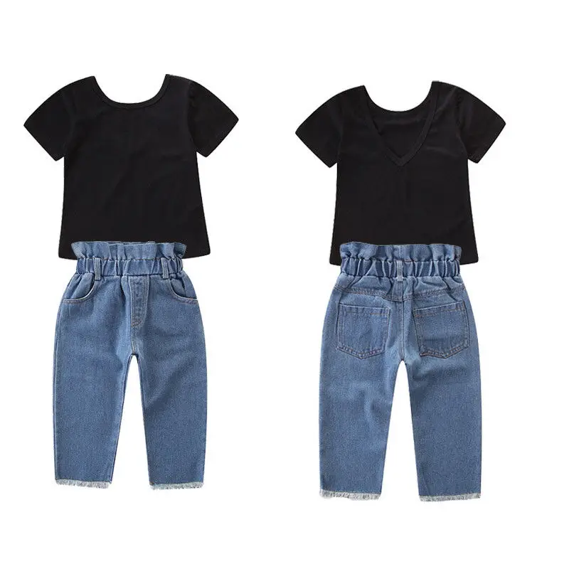 

Комплект одежды для малышей из 2 предметов; одежда для маленьких девочек, комплект одежды для девочек из футболки, топы + джинсовые штаны джи...