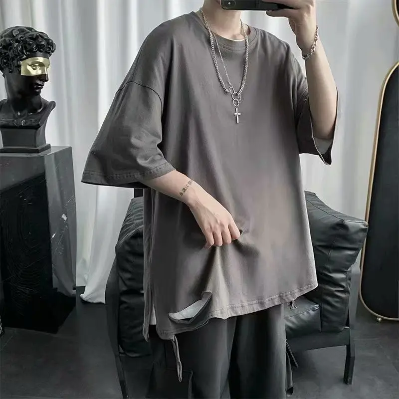 

Summer Cotton Ripped T-shirt Men's Fashion Casual O-neck T-shirt Men Streetwear Korean Loose Hip-hop Short-sleeved Tshirt Mens