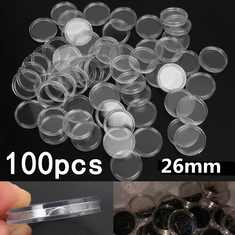 100Pcs 21 26mm Coin Holder Capsules Box Storage Clear Round Display Cases Holders Protective Collection Supplies |