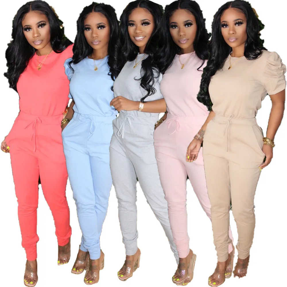 

Sport Solid Women two piece set Tracksuits Puff Short Sleeve Pencil jogger sweatpants Suit Outfits Matching Set