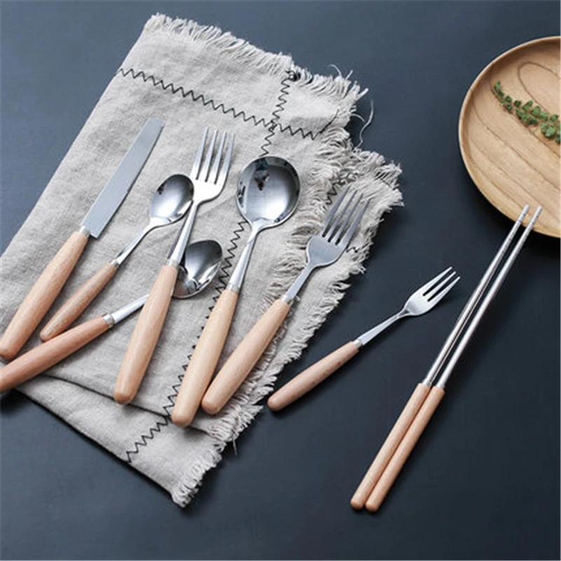 Креативная посуда с деревянной ручкой столовые приборы из нержавеющей стали в