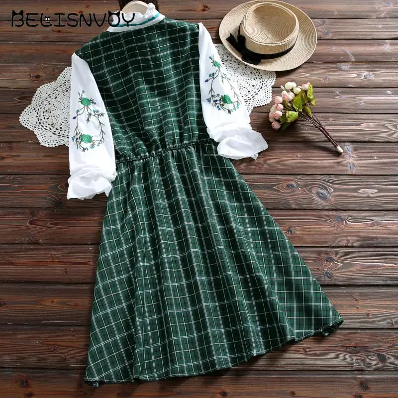 

Japanese Preppy Style Autumn Women Mini Dress Ruffled Collar Contrast Color Plaid Loose Dress Floral Embroidery Kawaii Student's