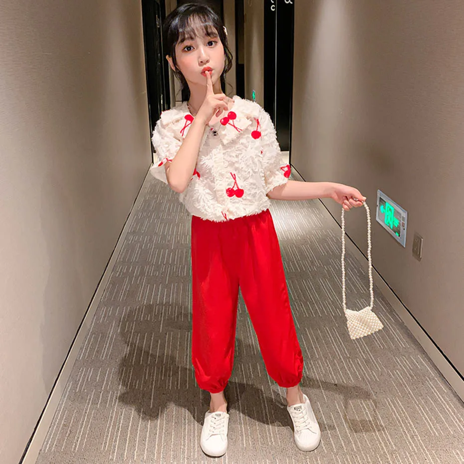 Детская летняя одежда с рисунком вишни для девочек блузка + штаны комплекты