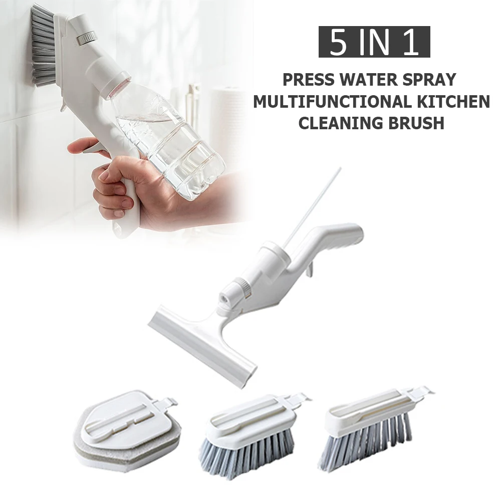 

5-in-1 Multi-Function Kitchen Cleaning Brush Press Water Spray Pot Tile Wiper Window Door Brush Set Cleaning Supplies Tools