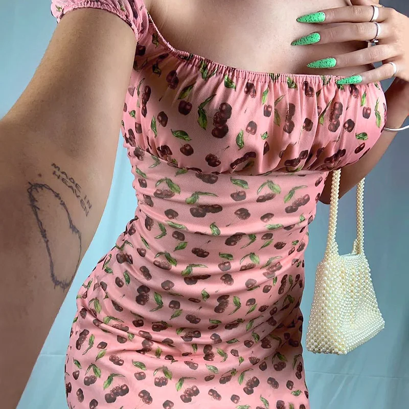 Летнее Новое Сексуальное Платье Бохо с принтом вишни Мини Короткое платье