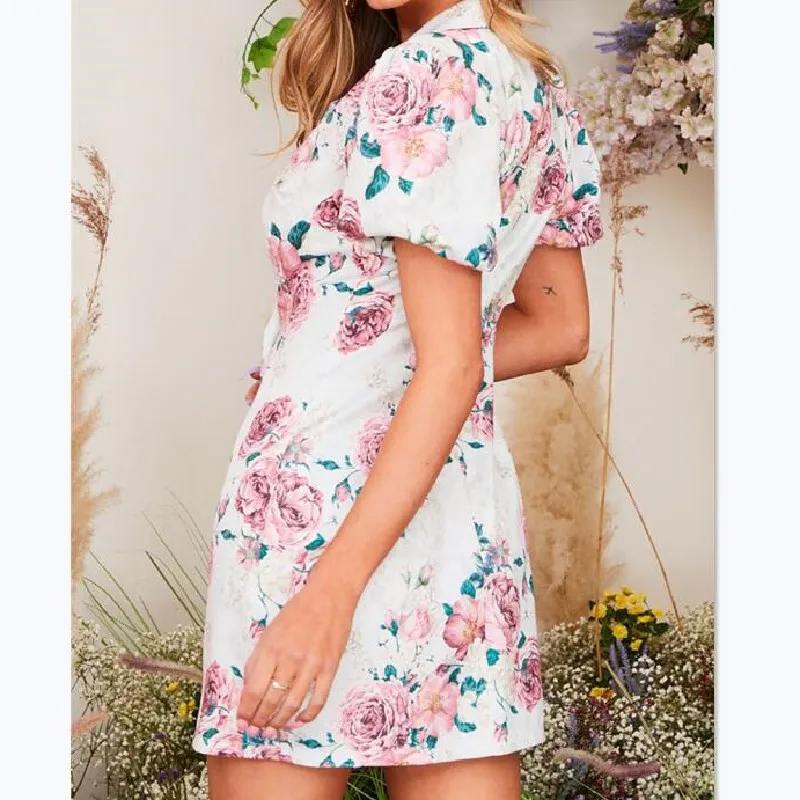 

2020 Summer Sexy Print Women Dress Elegant Fashion Notched Puff Sleeves Slim Mini Dresses