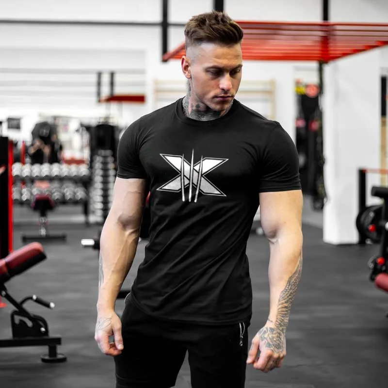 

European And American Bright Abdominal Muscle Sports And Leisure T-shirt Summer Men's Running Training Slim Printed T-shir