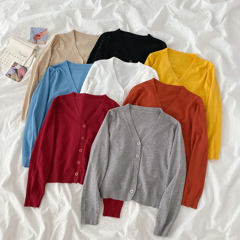 

Pure Color Wool Sweater Early Autumn New Women's Clothing V-neck Single Breasted Korean Style Long Sleeve Casual Top Cardigan