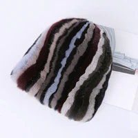 womens high quality hot sale real rex rabbit fur striped beanie hats girls winter fashion warm caps multicolor