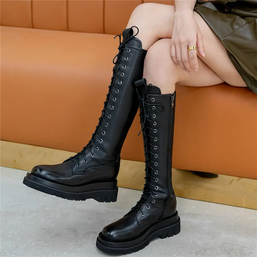 

Women Genuine Leather Wedges High Heel Knee High Boots Female Lace Up Strappy Round Toe Fashion Sneakers Thigh High Pumps Shoes