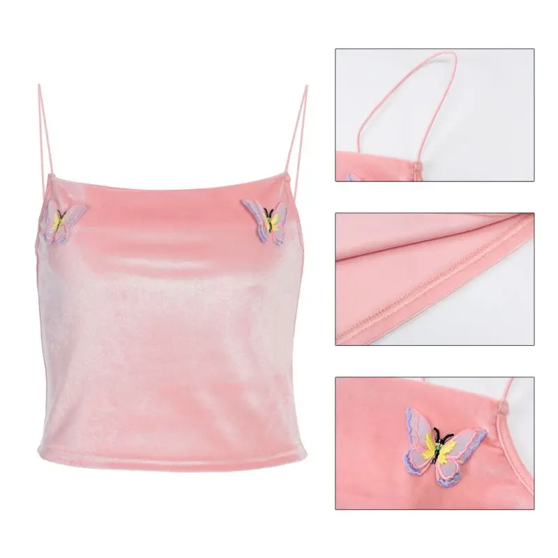 Женский Готический укороченный топ на бретельках с объемной вышивкой бабочки