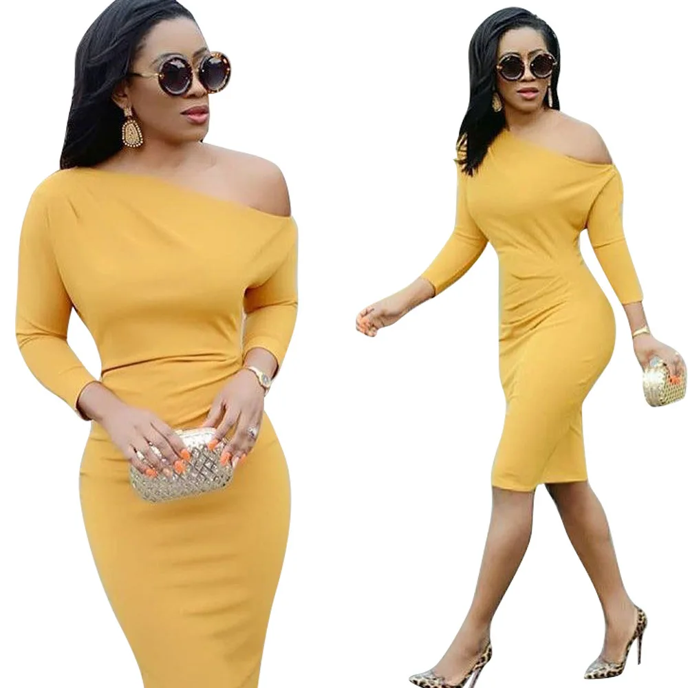 

Autumn Women Yellow Dress Long Sleeve Slim Slash Neck Hip Bodycon Solid Color Knee Length Pencil Dress African Clothing 2020