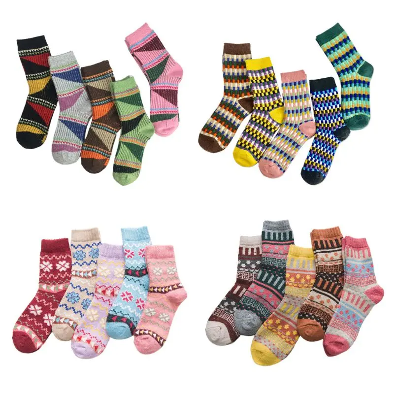 

5 Pairs Women Girl Unisex Socks Wool Warm Winter Thick Vintage Geometry Printing