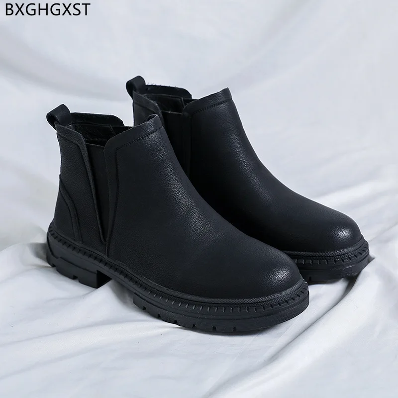

Black Platform Boots for Men Male Chelsea Boots Men Casual Shoes Leather Boots Man Motorcycle Shoes for Man 2022 Chaussure Homme
