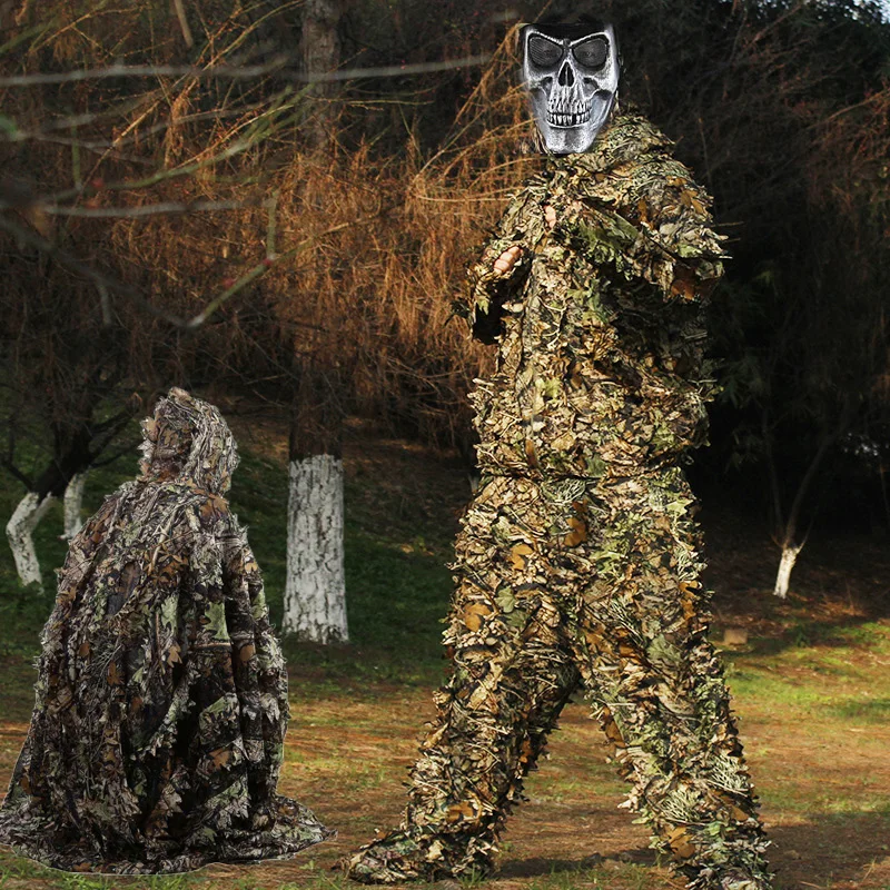 

3D Hunting Camouflage Ghillie With Cap Suit Clothes Jungle Cloak Poncho Camo Bionic Leaf For Sniper Photography Accessories Gear