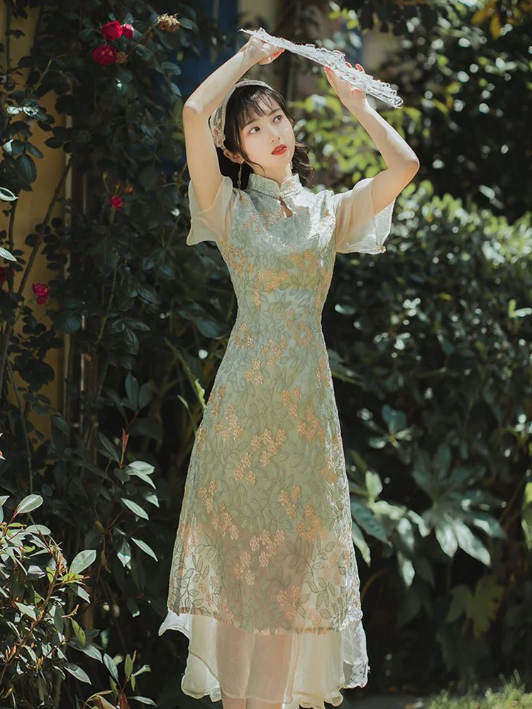 

Qipao, китайское винтажное Кружевное платье-Ципао с вышивкой, длинное приталенное платье с рукавом-бабочкой, повседневные платья