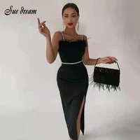 2021 new sexy womens bandage dress fashion spaghetti bodycon feather split club black party celebrity vestido