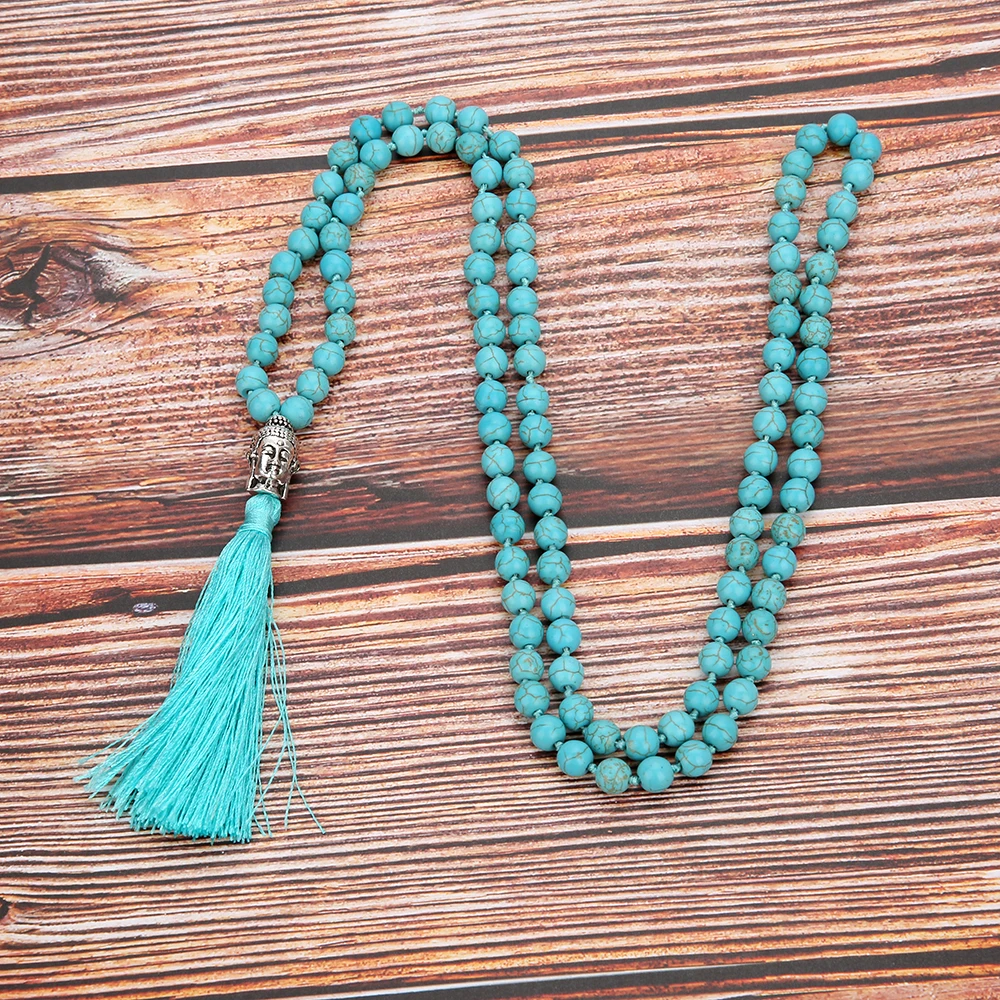 

6/8mm Blue Turquoise Beads Knotted 108 Japa Mala Necklace Meditation Yoga Praying Tibetan Tassel Buddha Head Rosary Jewelry