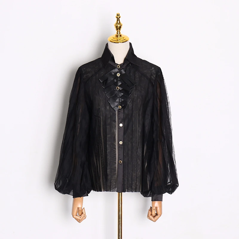 Женская сетчатая блузка TWOTWINSTYLE Весенняя с длинными рукавами фонариками и