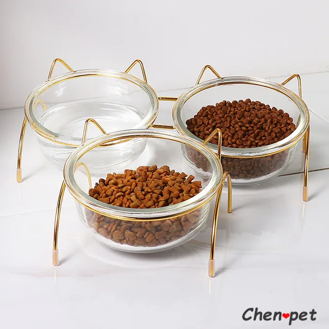 

Cat Accessories Pet Cute Pet Food Bowl Glass Dog Double Bowl Pet Bowls with Golden Stand Raised Cat Bowl Ceramic Cat Water Bowl