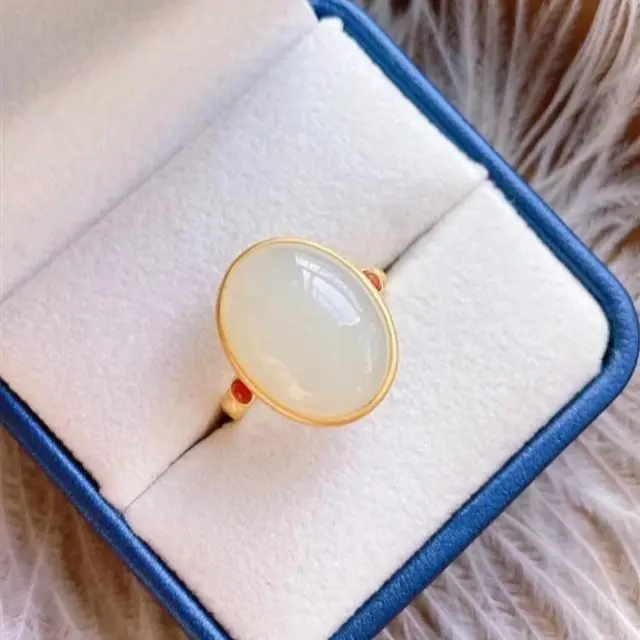 

S925 Sterling Silver Gilding Ring Inlaid Natural Hetian Jade Egg Surface Ring Temperament Embellished South Red Ring Ornament fo