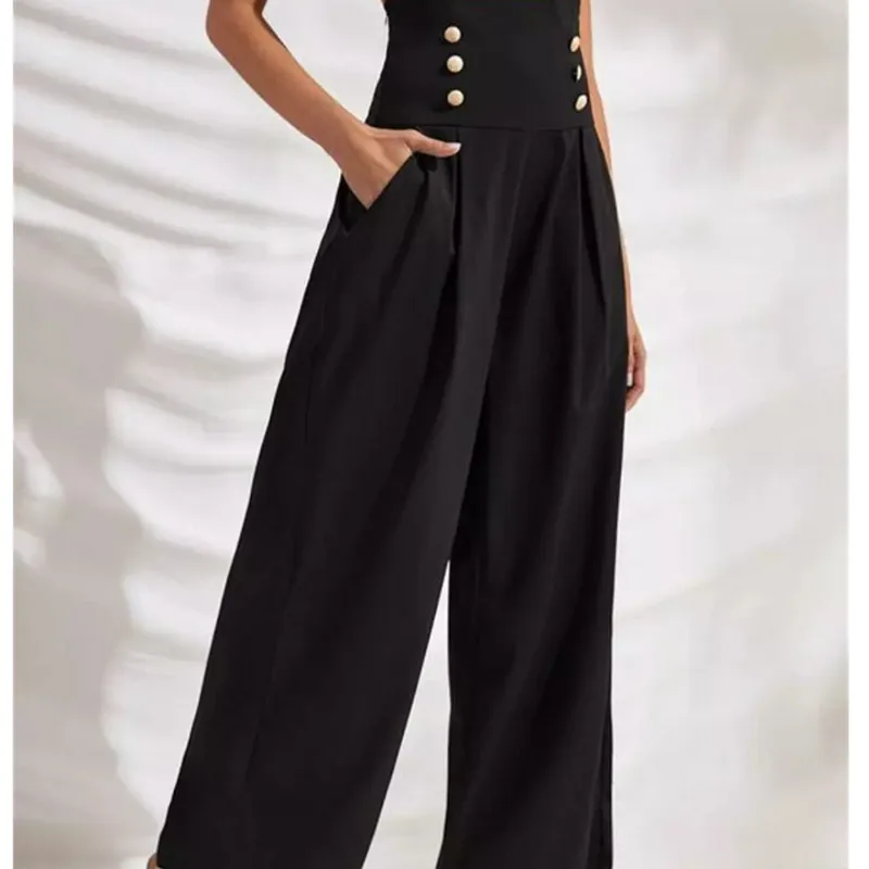 

Fashion Womens Palazzo Flared Wide Leg Pants High Waist OL Solid Color Ladies Career Long Trousers 2020 Spring Button Black Pant