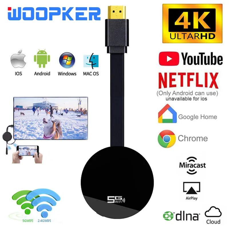 Woopker W4 ТВ карты Mirascreen 2 4 г 5G 4K HDMI Wi Fi адаптер для Netflix Youtube Spotify высокохромистой