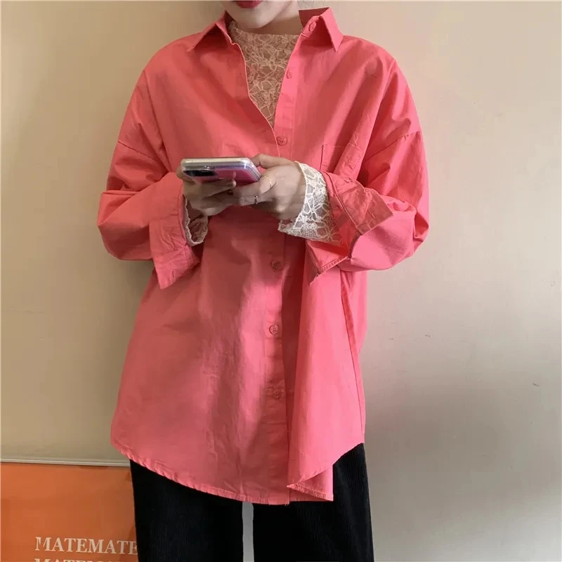 

Korean New Preppy Style Solid Women Shirts Turn-Down Large Size Casual Loose Tops Long Sleeve Button Fashion Ladies Chic Blouses