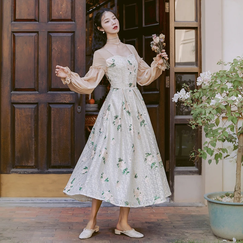 

JSXDHK Vintage Autumn Ball Gown Long Dress Women Chiffon Patchwork Floral Embroidery Party Dress Female Lantern Sleeve Vestidos