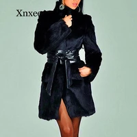 black fur coat long women solid long sleeve fur neck zipper pockets coat jacket belt elegant vintage pockets flocking